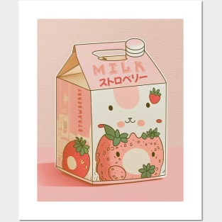 Anime Strawberry milk carton aesthetic kawaii Posters and Art